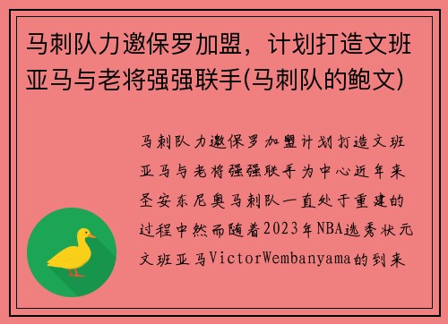 马刺队力邀保罗加盟，计划打造文班亚马与老将强强联手(马刺队的鲍文)